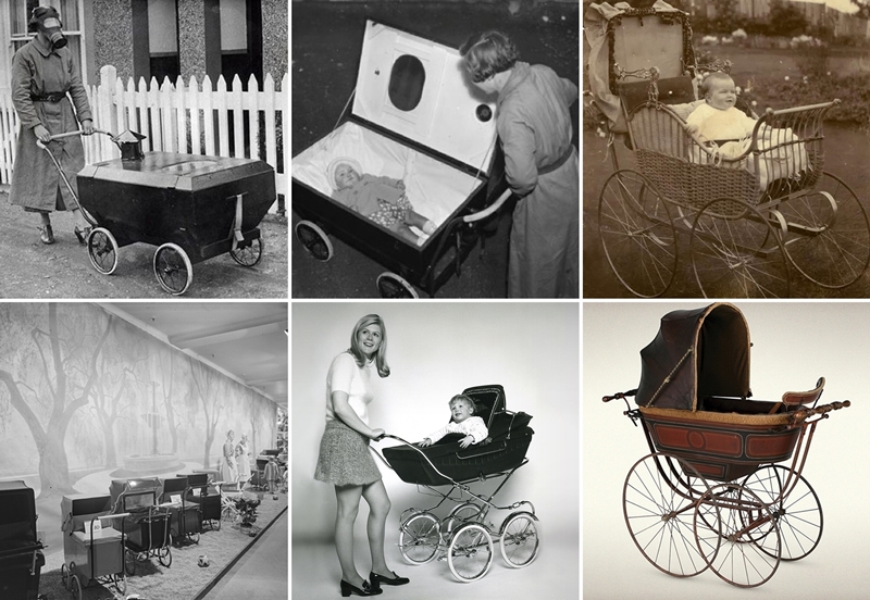 Kolaż sześciu czarno-białych i stylizowanych zdjęć ilustrujących ewolucję i różne typy historycznych wózków dziecięcych.